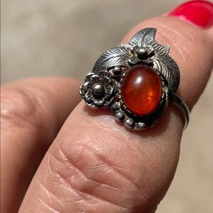Sterling Silver Floral Ring with Amber Cabochon